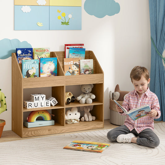 The kids storage unit positioned on a rug in a bright room with books and toys displayed
