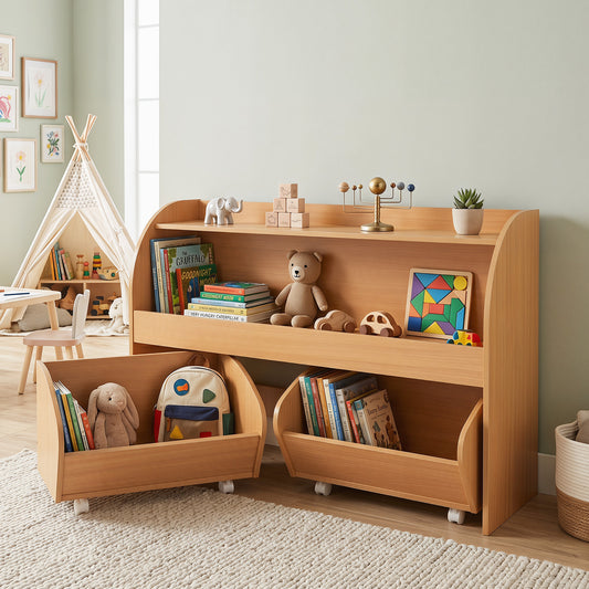 The kids storage unit placed in a bright playroom with a teepee and children furniture