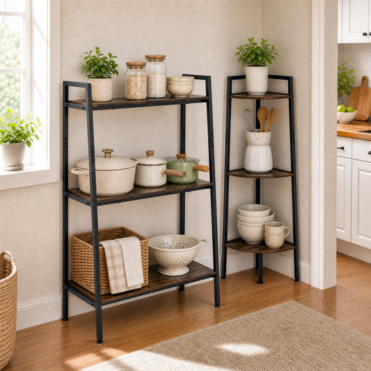 A rustic brown three-tier ladder shelf and a corner shelf unit filled with kitchenware and plants
