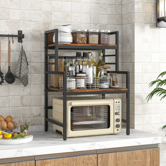 The bakers rack holding a microwave and various kitchen jars on a white marble countertop
