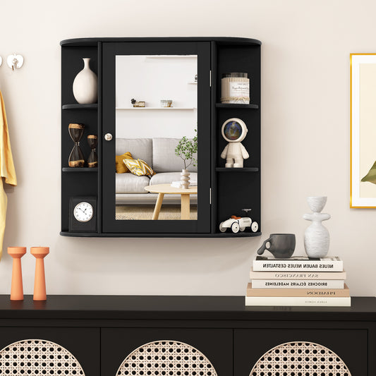 Black wall cabinet with mirrored door, shown above a sideboard