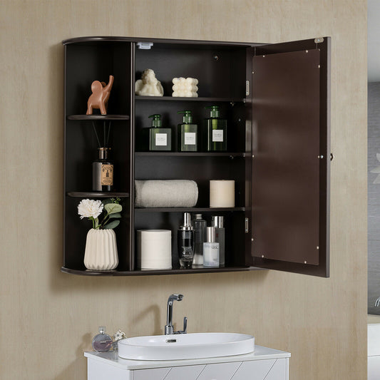 The wall cabinet with the mirrored door open to reveal internal storage shelves