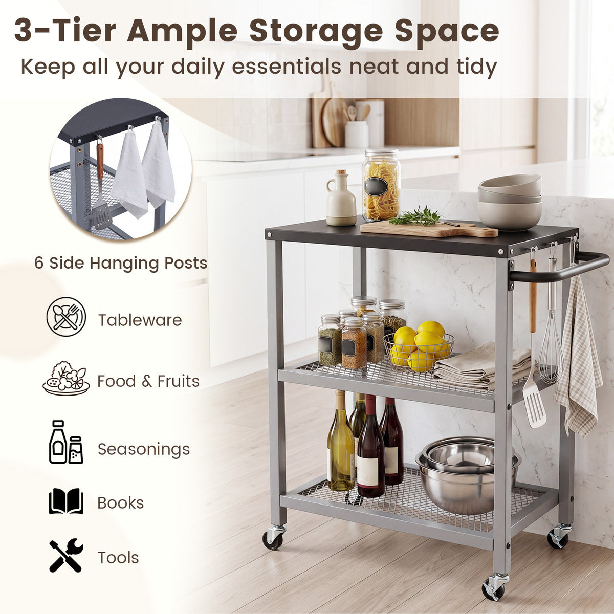 The three-tier rolling grill cart features a stainless steel top and six side hanging posts for storage