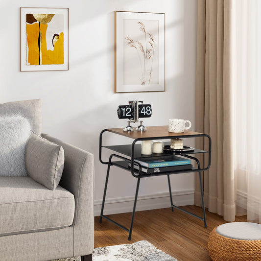 The brown three-tier side table is shown in a living room setting next to a sofa