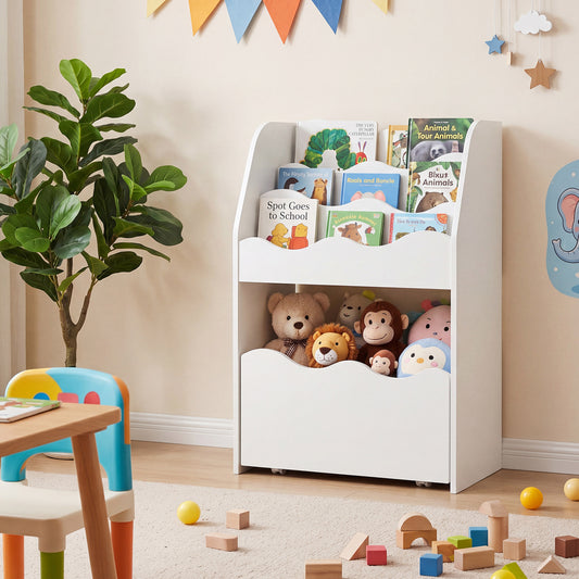 The kids storage unit filled with books and plush toys in a decorated child bedroom setting