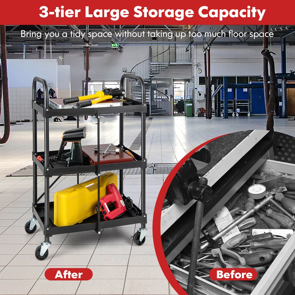 A three-tier storage trolley before and after being filled with tools