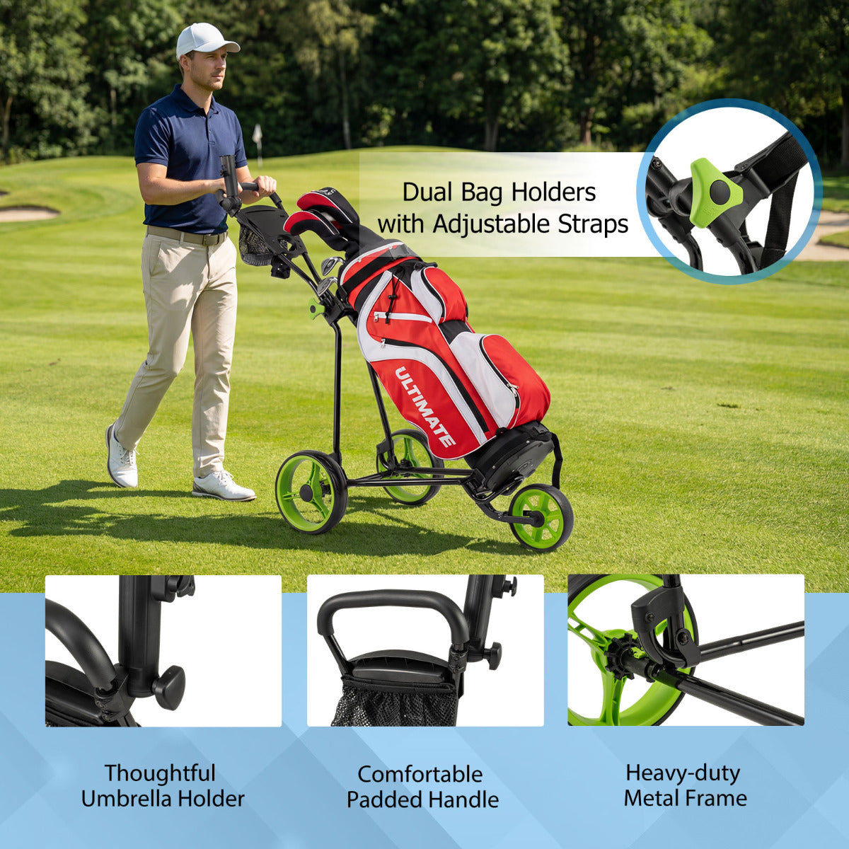 Close up details of the golf trolley including bag holders and handle