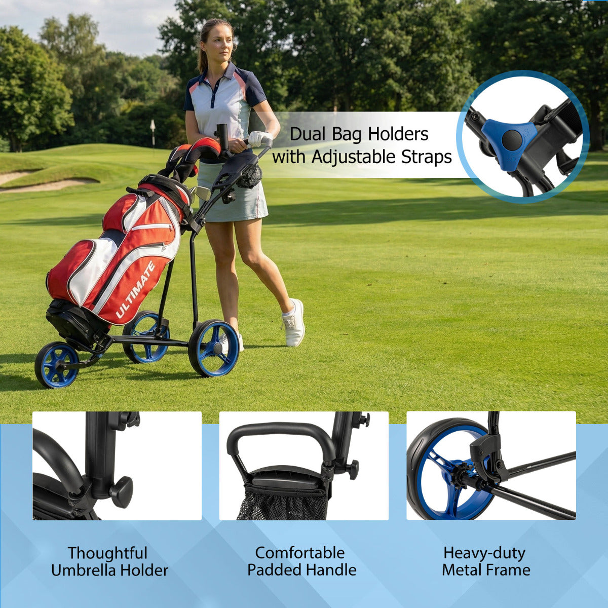 Close-ups of the golf push cart's features