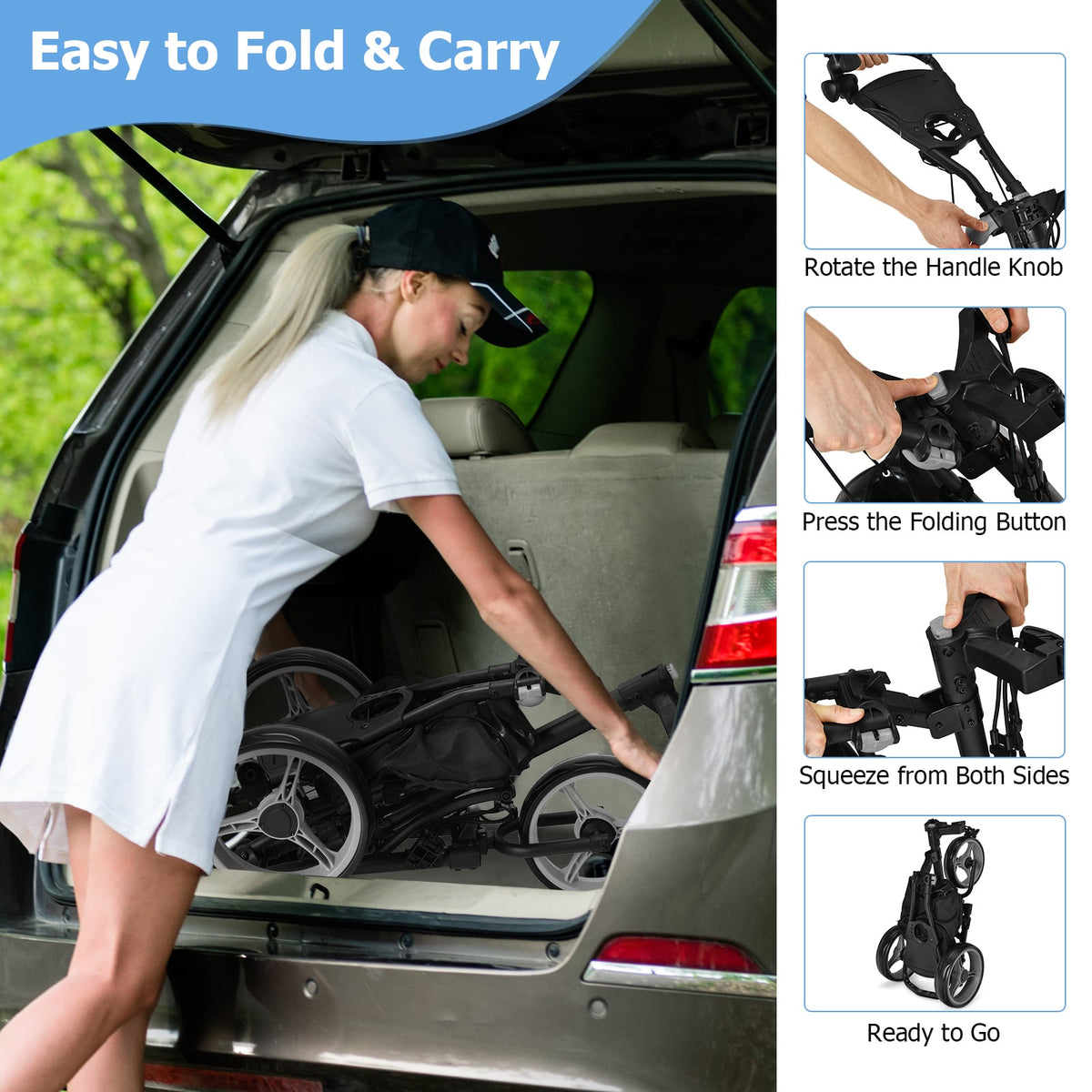 How to fold and carry the three wheel golf trolley, shown in a car boot
