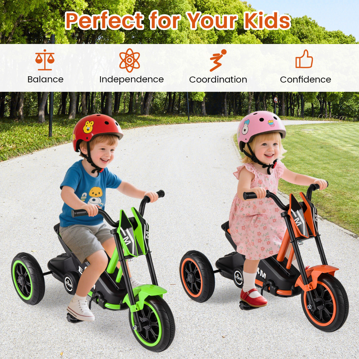 Two children, one boy and one girl, ride orange and green three-wheel bikes on a path