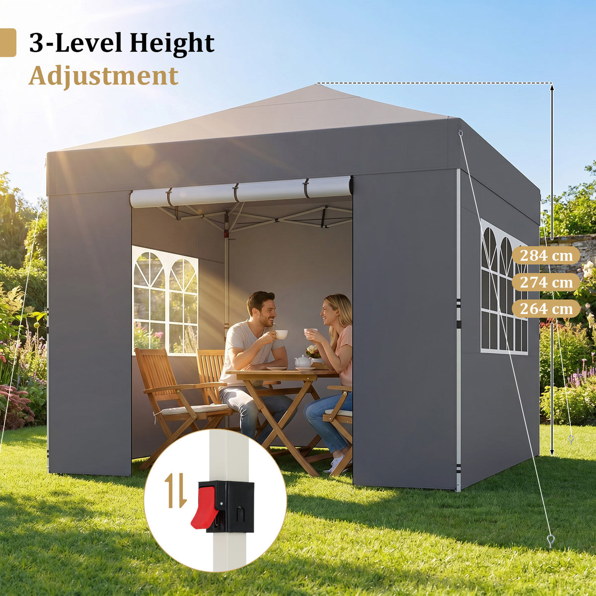 3 x 3 m Pop Up Canopy with 4 Sidewalls and Adjustable Height-Grey