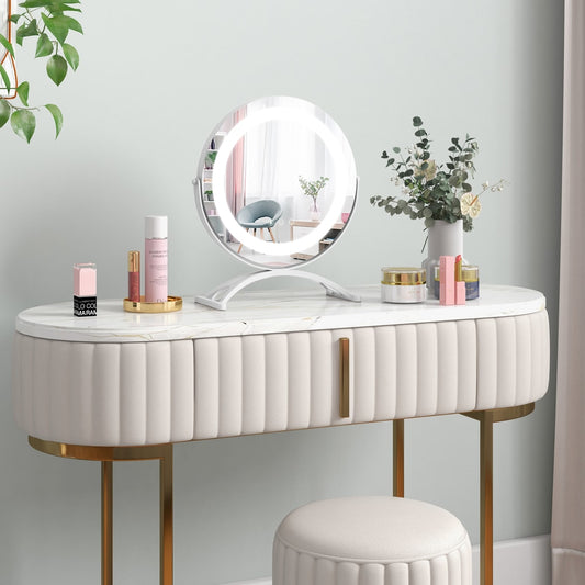 The lighted makeup mirror on a dressing table with cosmetics