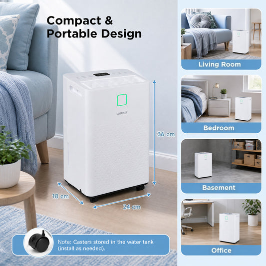 The home dehumidifier shown in various room settings with dimensions and caster details