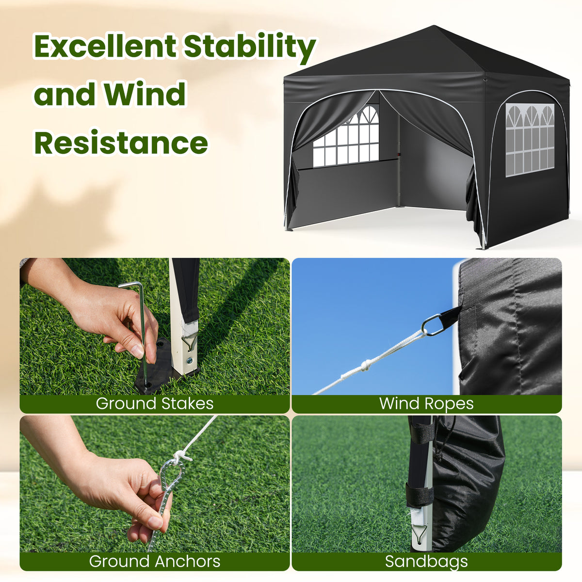 300 x 300 cm Pop up Canopy Tent with 4 Removable Sidewall and Wheeled Bag-Black