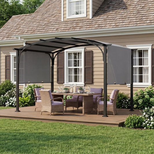 305 x 242 cm Outdoor Retractable Pergola with Metal Frame and Polyester Fabric-Grey