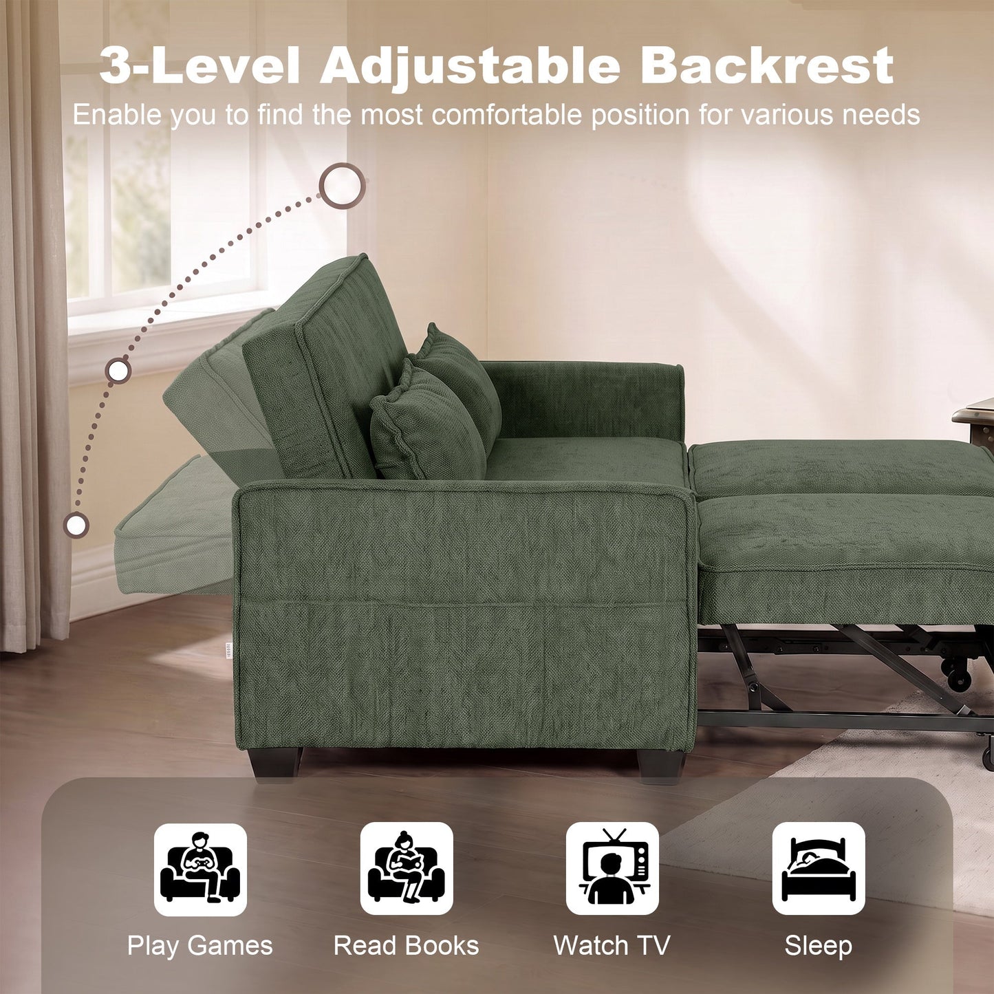 HOMCOM 2 Seater Sofa Bed, 4-in-1 L-Shaped Convertible Pull-Out Sleeper Sofa with Adjustable Backrest Side Pockets, Dark Green