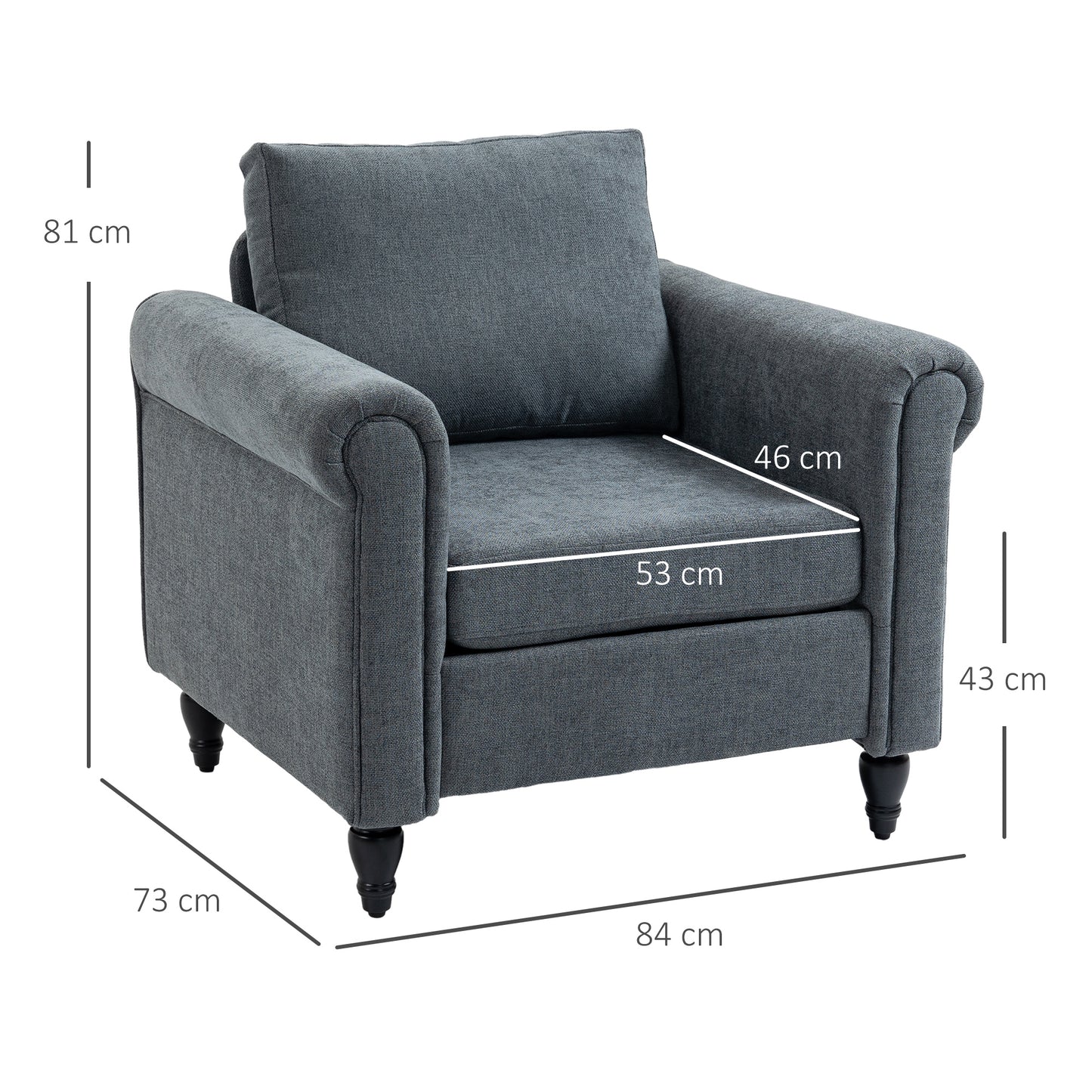 HOMCOM Vintage Accent Chair, Upholstered Occasional Chair with Back Pillow, Rolled Arms, Rubber Wood Legs, Grey