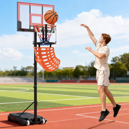 The basketball rebounder in use with a young man shooting hoops on a court