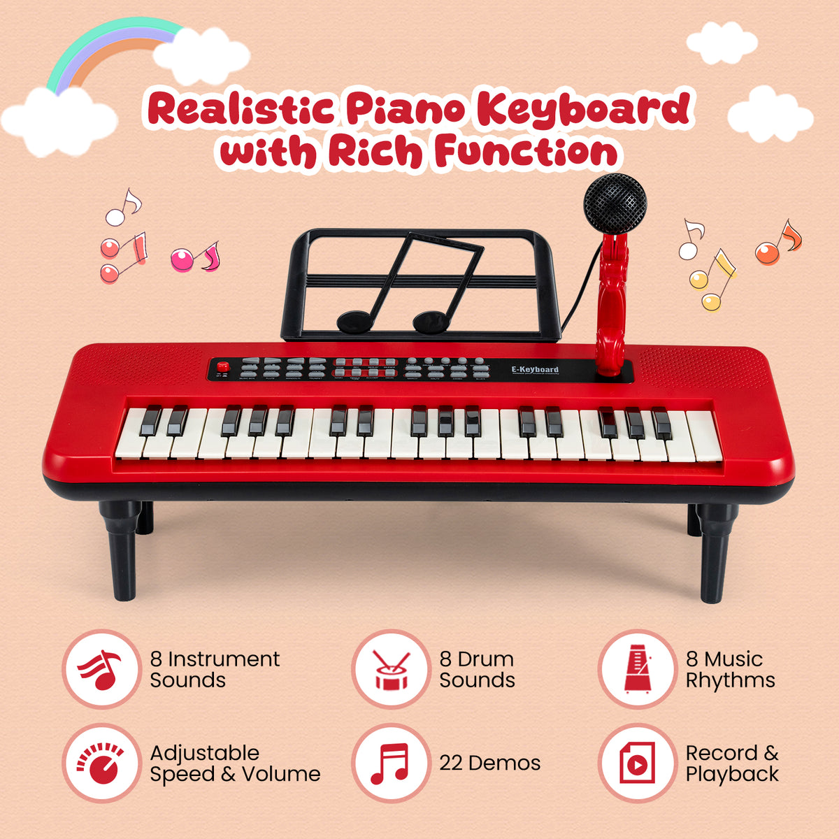 The kids piano keyboard displayed with icons showing its various musical functions