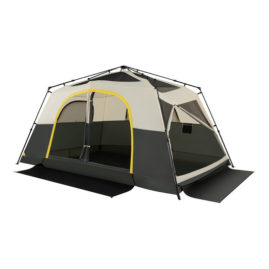 The camping tent shown from a front angle with the door open and black floor mat extended