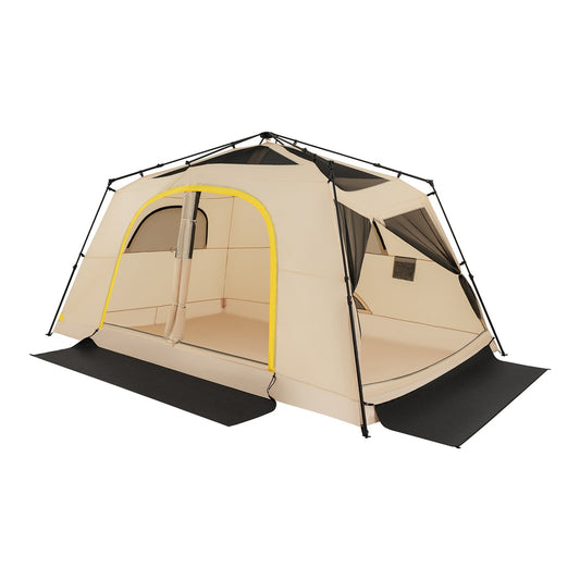 The spacious cabin camping tent shown from a side angle with the rainfly attached