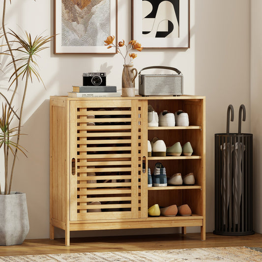 HOMCOM Bamboo Shoe Cabinet with 2 Sliding Slat Doors, 16Pairs, Adjustable Shelves, Natural