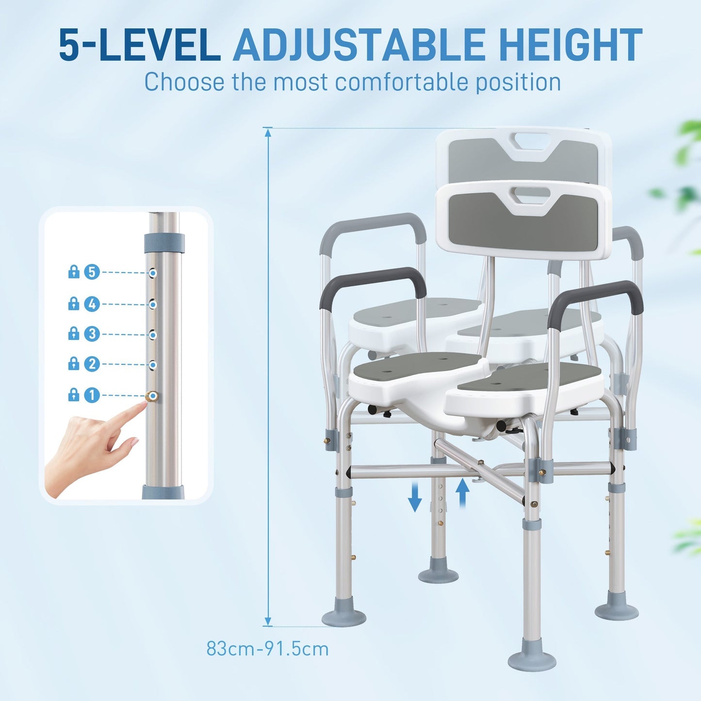 HOMCOM Shower Chair with Hygiene Cut-Out Seat and Reinforced Crossbars, Height Adjustable Padded Bath Chair with Non-slip Feet for Elderly Seniors Disabled Handicap, Tool-Free Assembly, Grey
