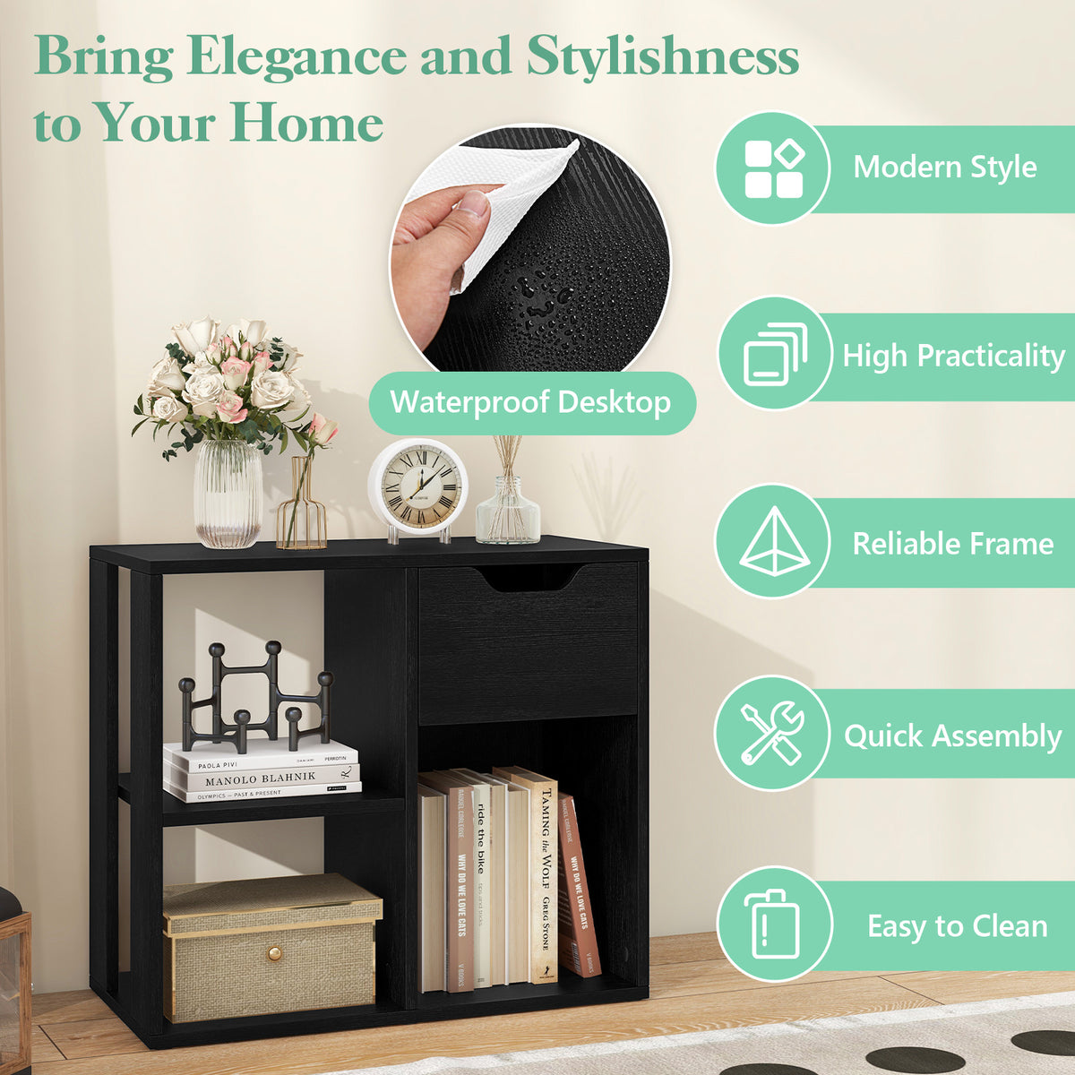 3-Cube Wooden Storage Shelf with Drawer-Black