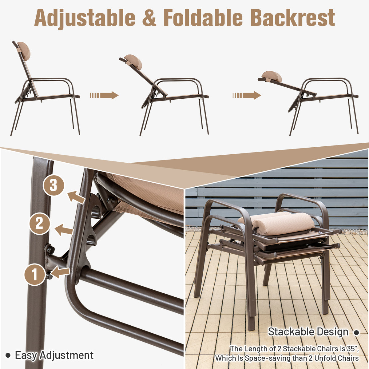 3 Pieces Patio Bistro Set with Coffee Table and 2 Stackable Chairs-Brown