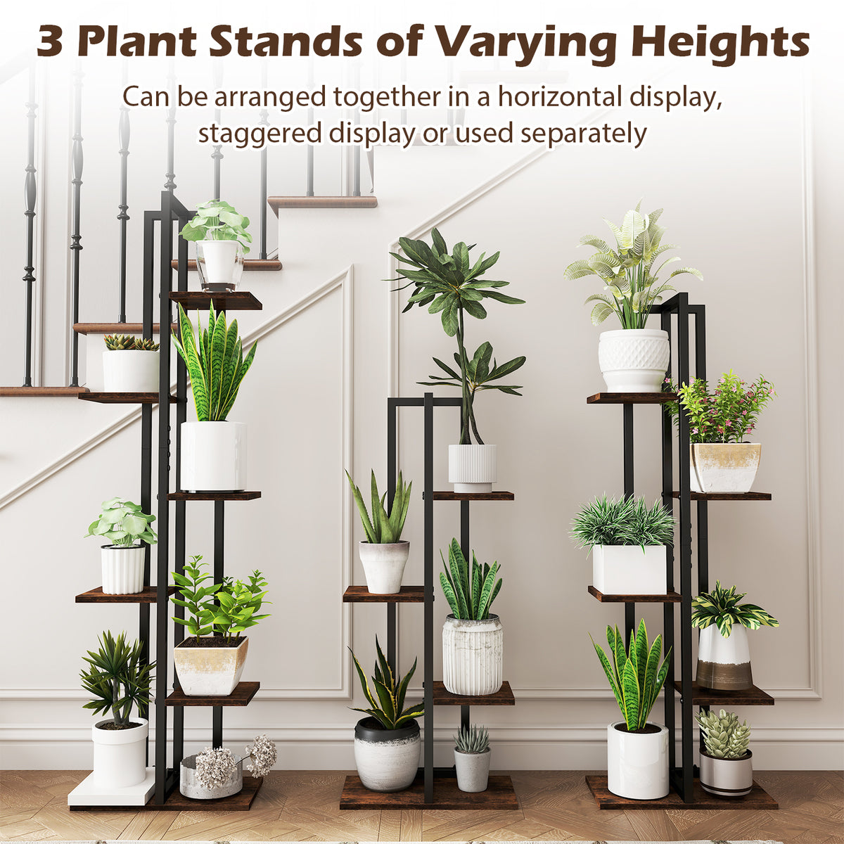 3 Pieces Tall Wood Plant Stand Set 4+5+6-Tier Indoor Flower Stands-Rustic Brown