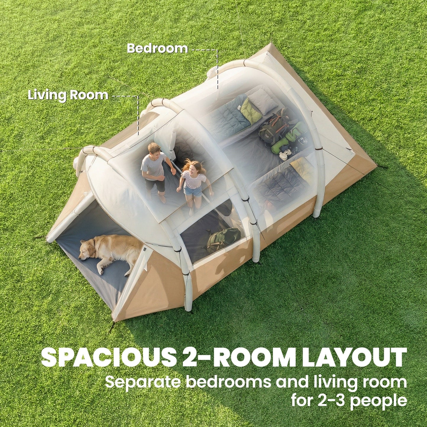 Outsunny Inflatable Camping Tent w/ Air Pump, Easy Setup 2-3 Person Blow Up Tent, Khaki