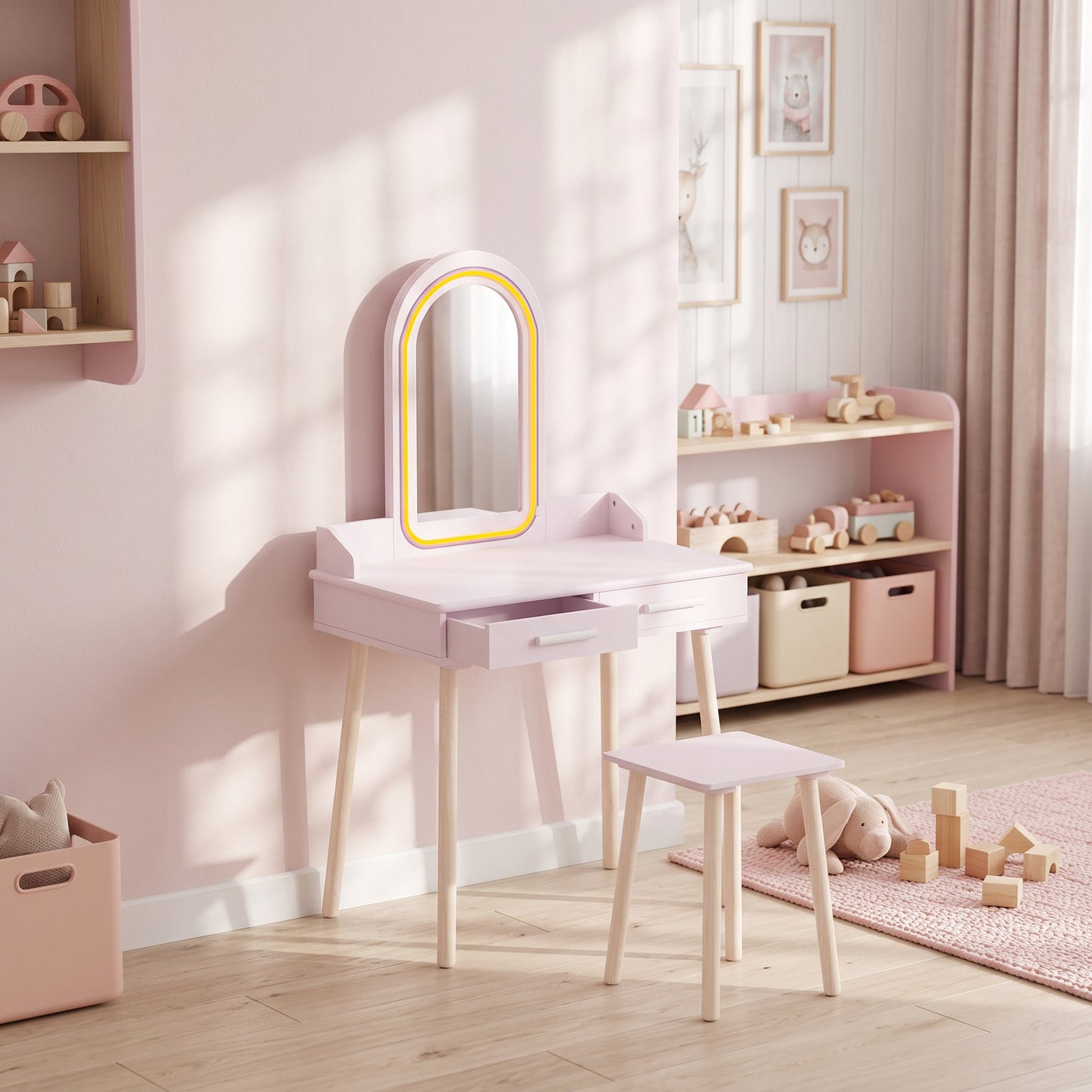 AIYAPLAY Kids Dressing Table, Girls Vanity Set with Stool, 3-Colour LED Lights Mirror, Large Drawer for Ages 3-8, Pink
