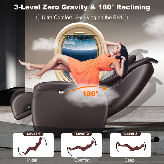 The massage chair reclines to three levels, showing a woman relaxing