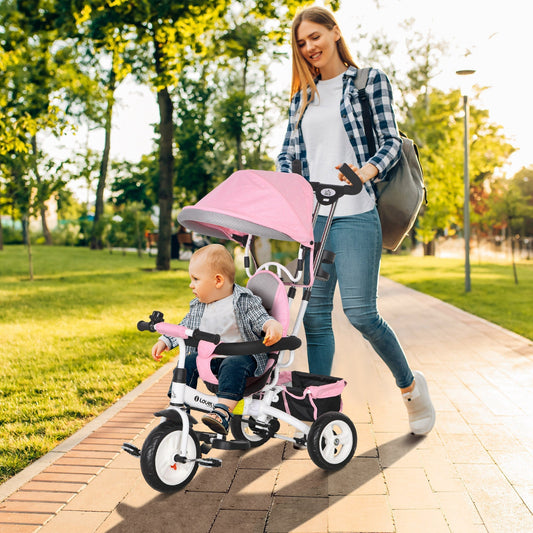 دراجة ثلاثية العجلات 6 في 1 للأطفال من HOMCOM مع مقبض دفع ومظلة وحزام أمان بخمس نقاط وسلة تخزين ومسند للقدمين ومكابح، لعمر 1-5 سنوات، لون وردي