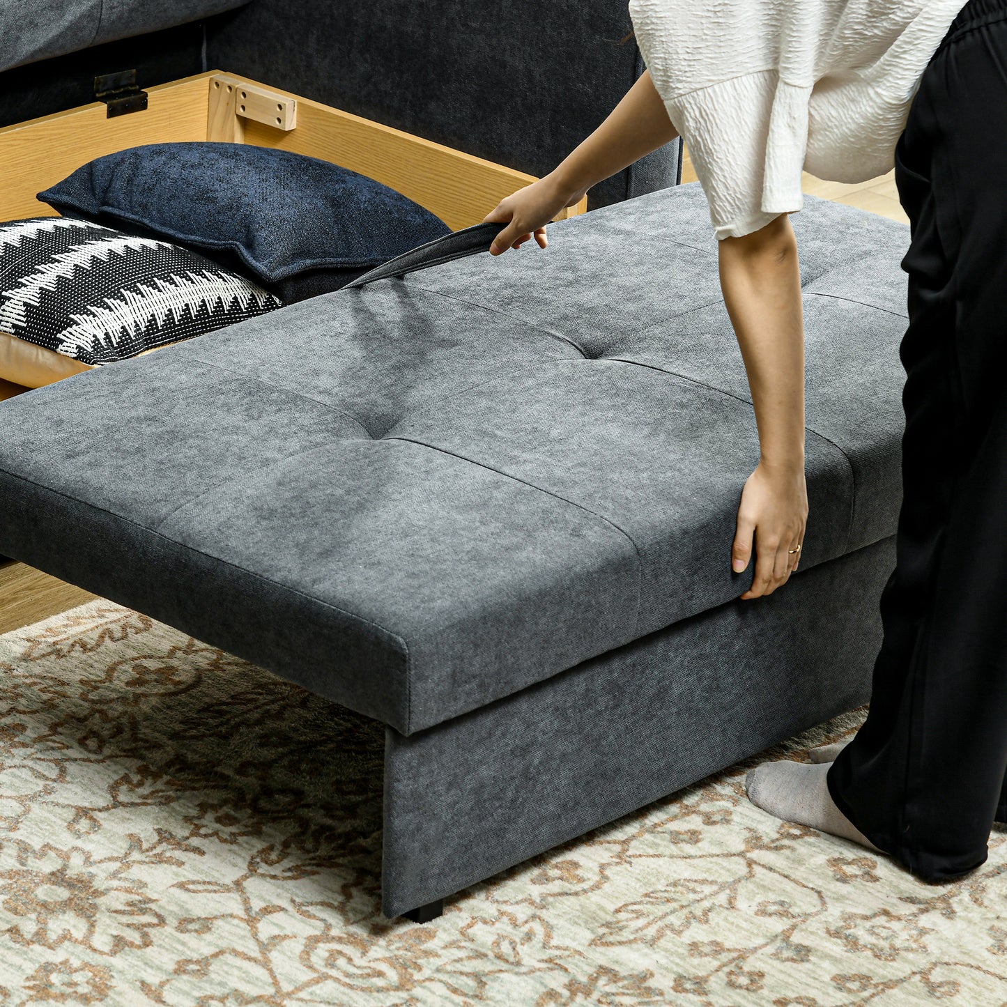 HOMCOM 2 Seater Sofa Bed, Convertible Bed Settee, Modern Velvet Loveseat Sofa Couch with 2 Cushions, Hidden Storage for Living Room, Guest Room, Dark Grey