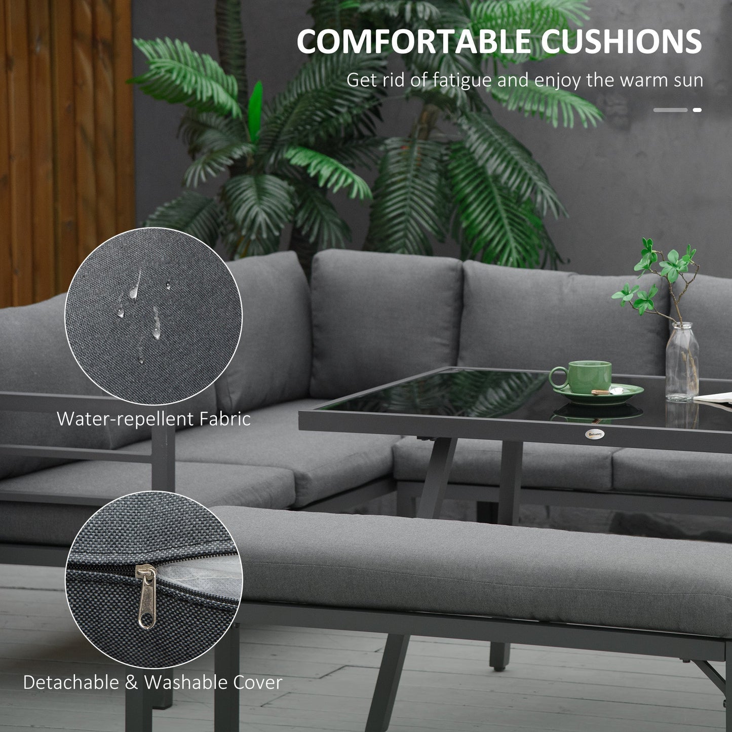 Outsunny 4 Piece L-shaped Garden Furniture Set 8-Seater Aluminium Outdoor Dining Set Conversation Sofa Set w/ Bench, Dining Table & Cushions, Grey
