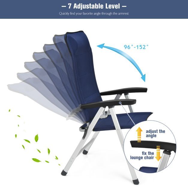 4-Piece Patio Portable Folding Lounge Chair with Raised Backrest-Navy
