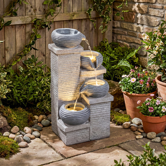 4-Tier Outdoor Water Fountain Cascading Bowl Waterfall Fountain with LED Lights and Pump