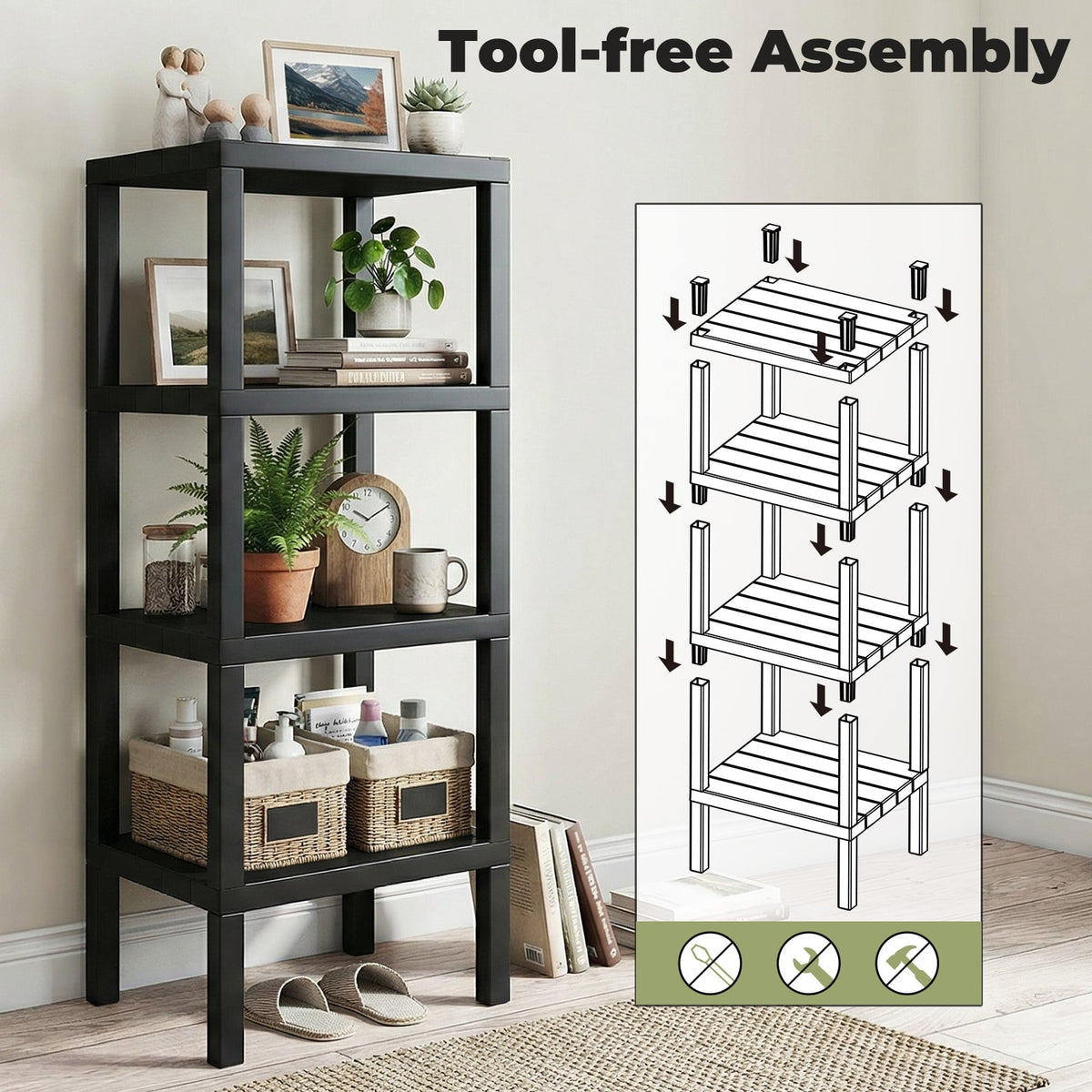 4-Tier Plastic Storage Shelf Freestanding Utility Rack-Black