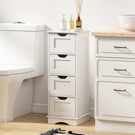 Narrow floor standing cabinet next to a toilet in a bathroom setting, showing its slim design