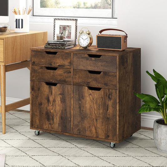 Rustic brown wood effect cabinet with drawers and doors in a home office setting