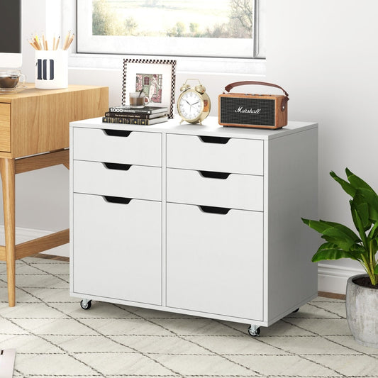 White storage cabinet with drawers and doors in a home office setting