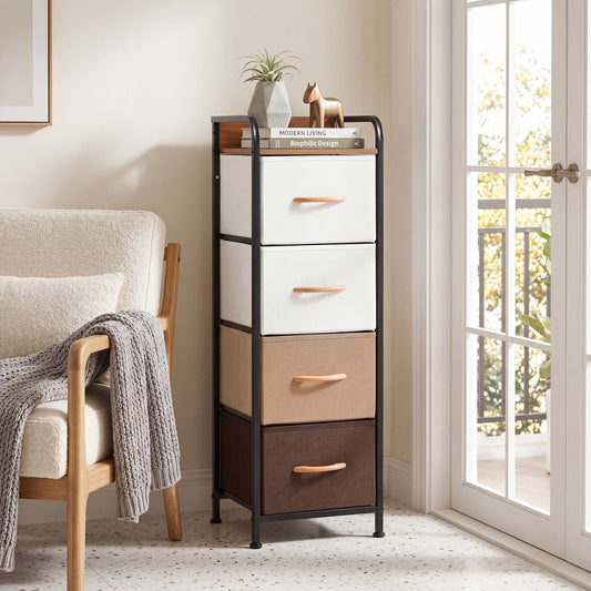 Narrow dresser with four fabric drawers and a wooden top shelf in a bedroom setting