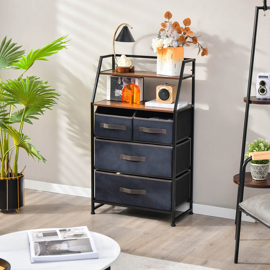 The rustic brown dresser with open shelves is shown in a living room setting with a plant and lamp