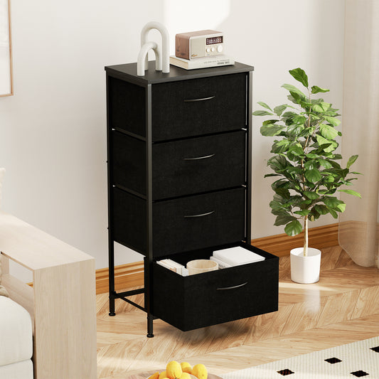 Black fabric storage tower with four drawers, shown in a living room setting