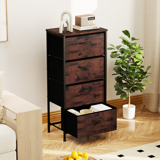 Brown fabric storage tower with wooden top in a bedroom setting