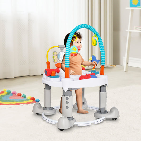 The baby walker with a child standing inside in a bright living room setting