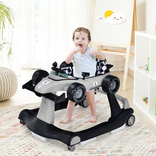 The baby walker in a bright nursery room with a child standing inside the seat