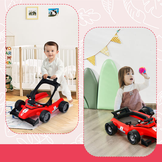 The baby walker being used as a push-along toy and a floor level racing car by two children