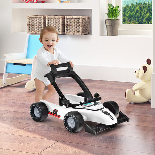 The baby walker being pushed by a toddler in a bright and modern living room setting